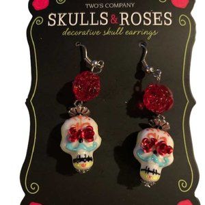 Sugar Skull and Rhinestone Earrings (Red)